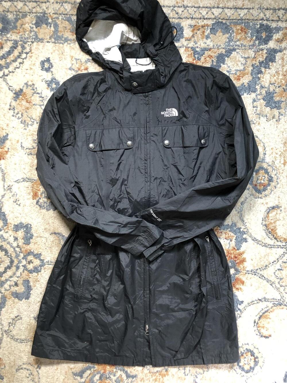 The North Face Coat Womens Large Black HyVent Hooded Belted Rain Waterproof